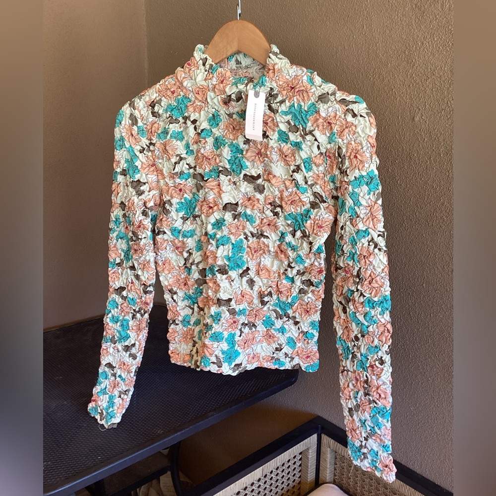 NWT ANTHROPOLOGIE Dolan Blue and Brown Smocked Ruffled Long Sleeve Blouse Size M - Picture 2 of 9